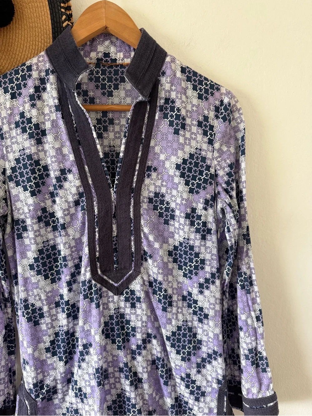 Tory Burch Lightweight Cotton Purple Geometric Chain Logo Print Tunic Top